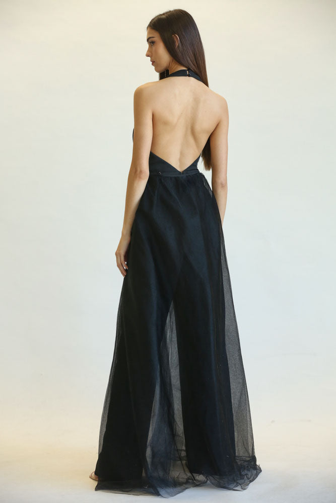 Jarka Halter Neckline Jumpsuit/Dress featuring a stylish halter neck, removable tulle skirt, and wide-leg pant fit.