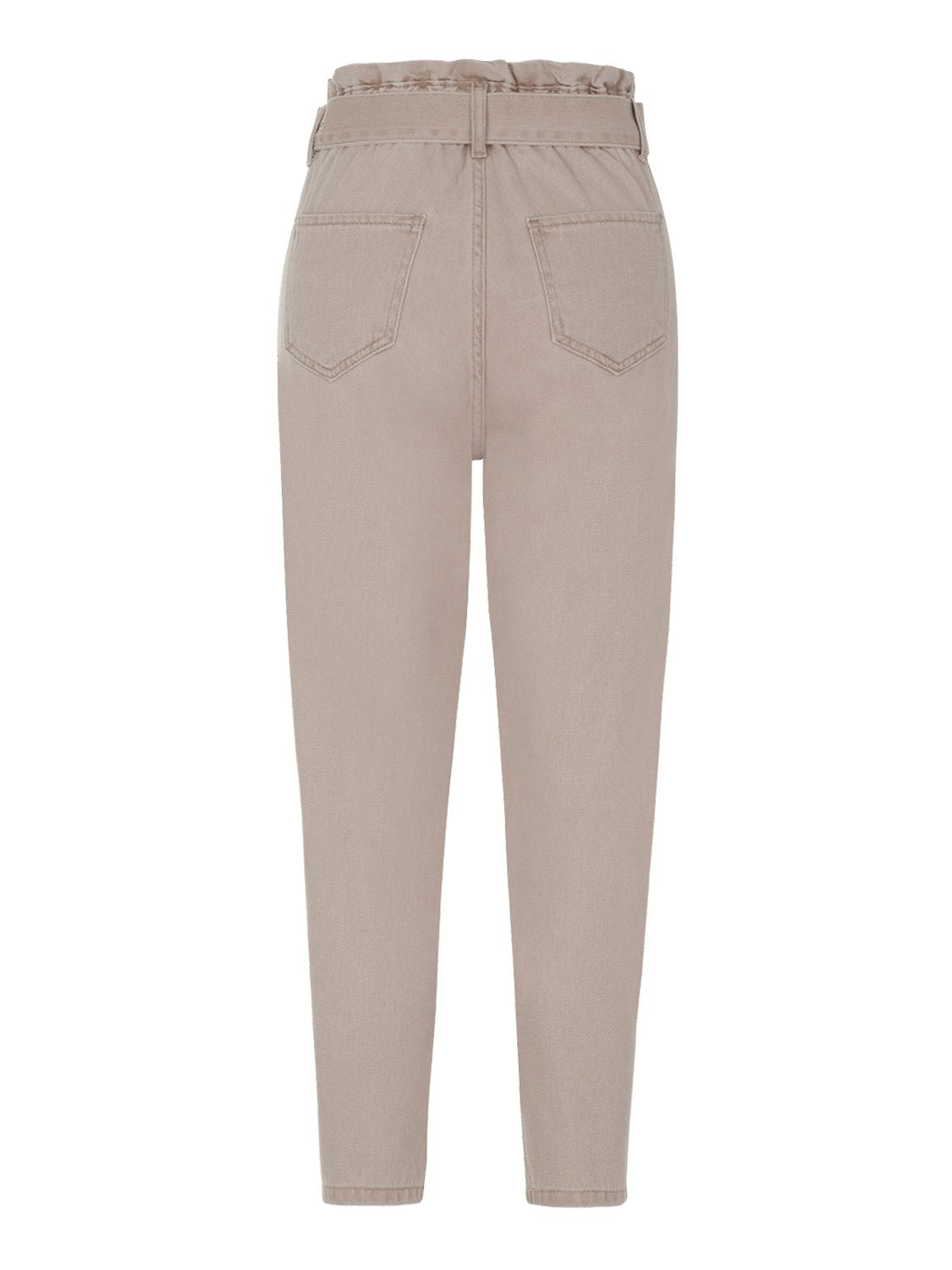 A pair of high-waisted jeans with ruching detail, featuring an elastic waistband and pockets, styled for summer fashion.