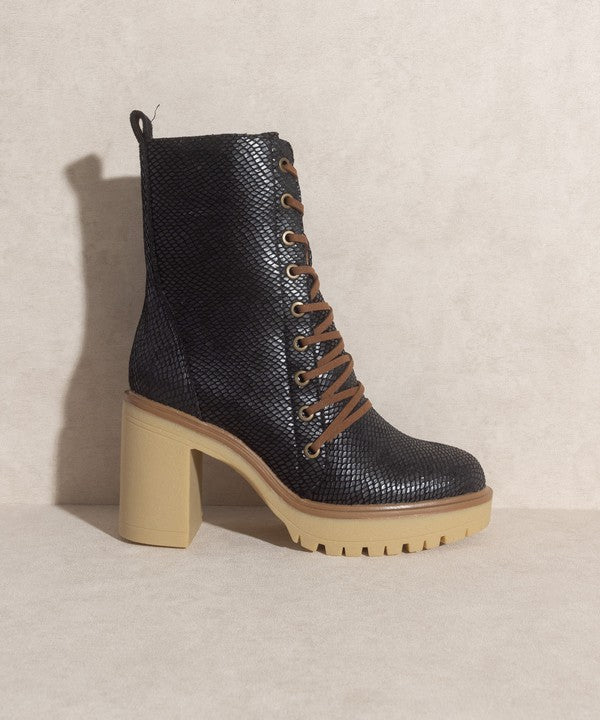 Jenna Platform Military Boots in black and camel suede, featuring a lace-up design and rubber heel for comfort and style.