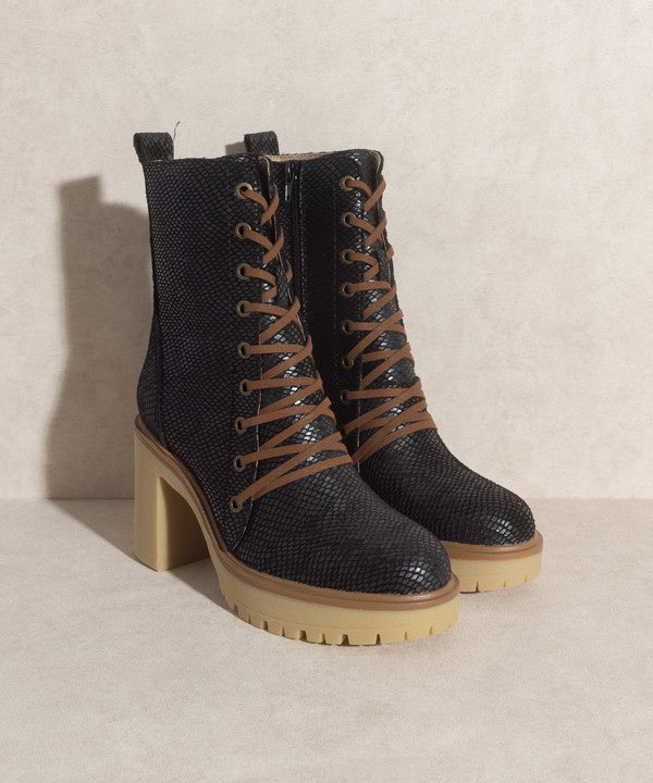 Jenna Platform Military Boots in black and camel suede, featuring a lace-up design and rubber heel for comfort and style.