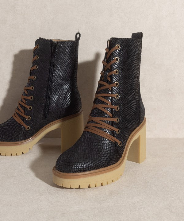 Jenna Platform Military Boots in black and camel suede, featuring a lace-up design and rubber heel for comfort and style.