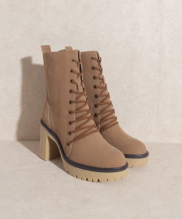 Jenna Platform Military Boots in Latte/Camel Rough Suede with lace-up design and rubber sole.