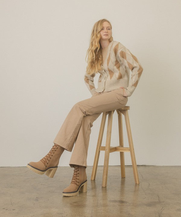 Jenna Platform Military Boots in Latte/Camel Rough Suede with lace-up design and rubber sole.