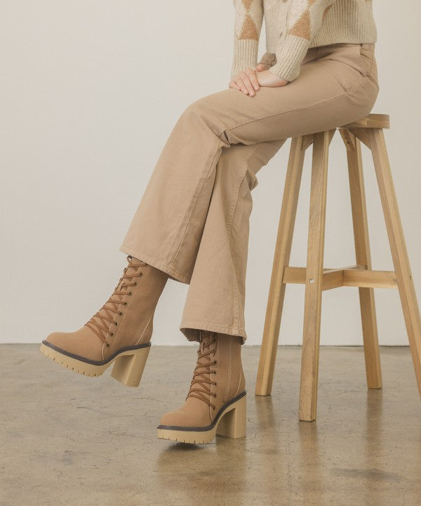 Jenna Platform Military Boots in Latte/Camel Rough Suede with lace-up design and rubber sole.