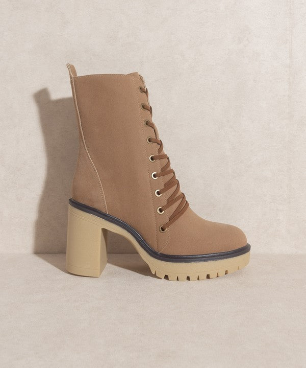 Jenna Platform Military Boots in Latte/Camel Rough Suede with lace-up design and rubber sole.