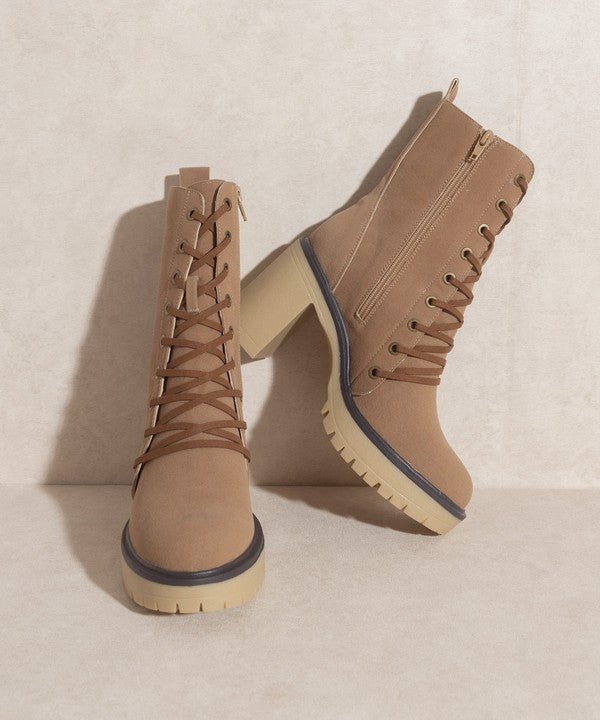 Jenna Platform Military Boots in Latte/Camel Rough Suede with lace-up design and rubber sole.