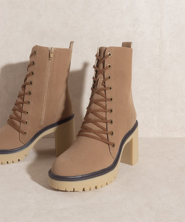 Jenna Platform Military Boots in Latte/Camel Rough Suede with lace-up design and rubber sole.