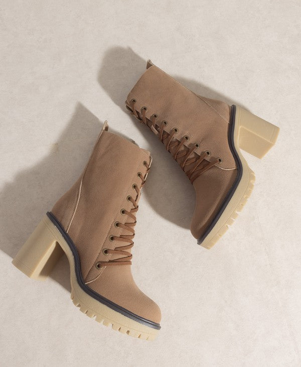 Jenna Platform Military Boots in Latte/Camel Rough Suede with lace-up design and rubber sole.