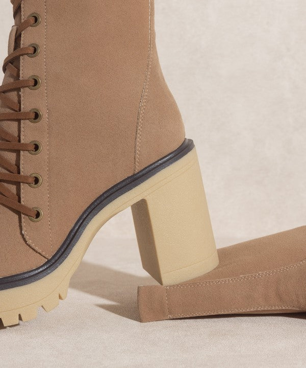 Jenna Platform Military Boots in Latte/Camel Rough Suede with lace-up design and rubber sole.