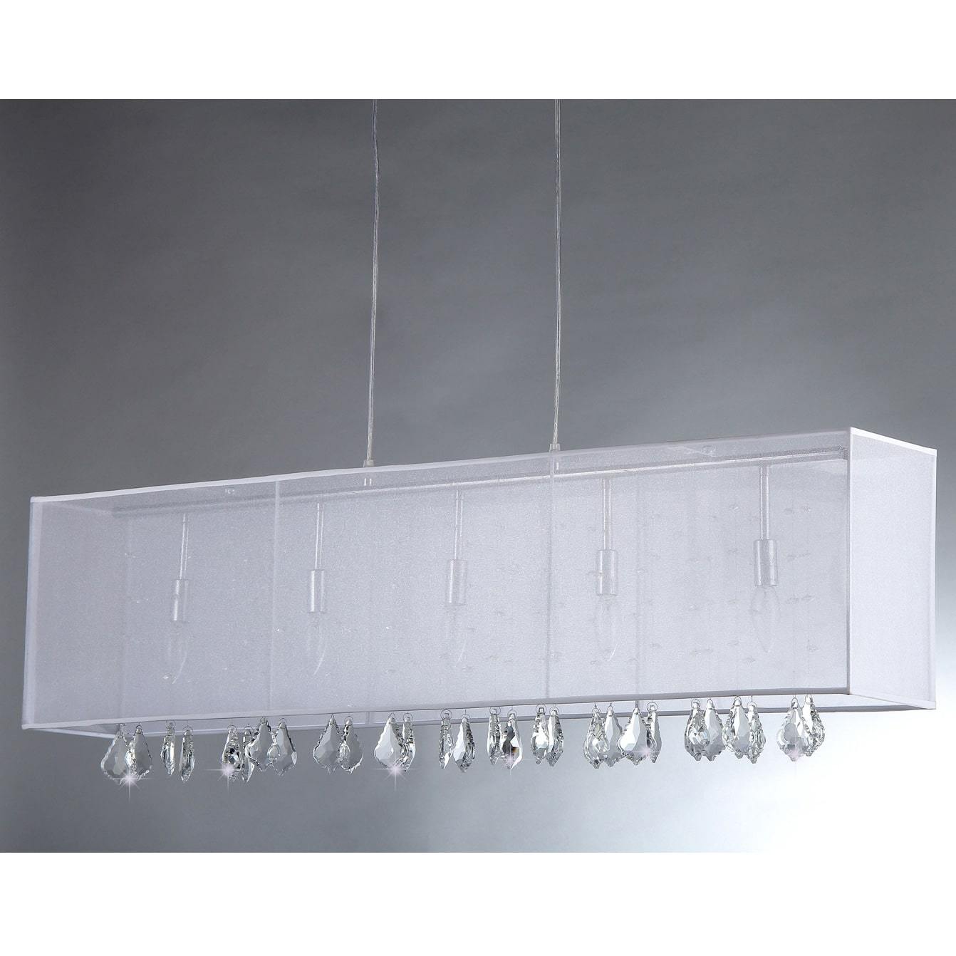 Jess Crystal and Mesh Bar Chandelier featuring cascading crystals and five light bulbs, elegantly designed for home decor.