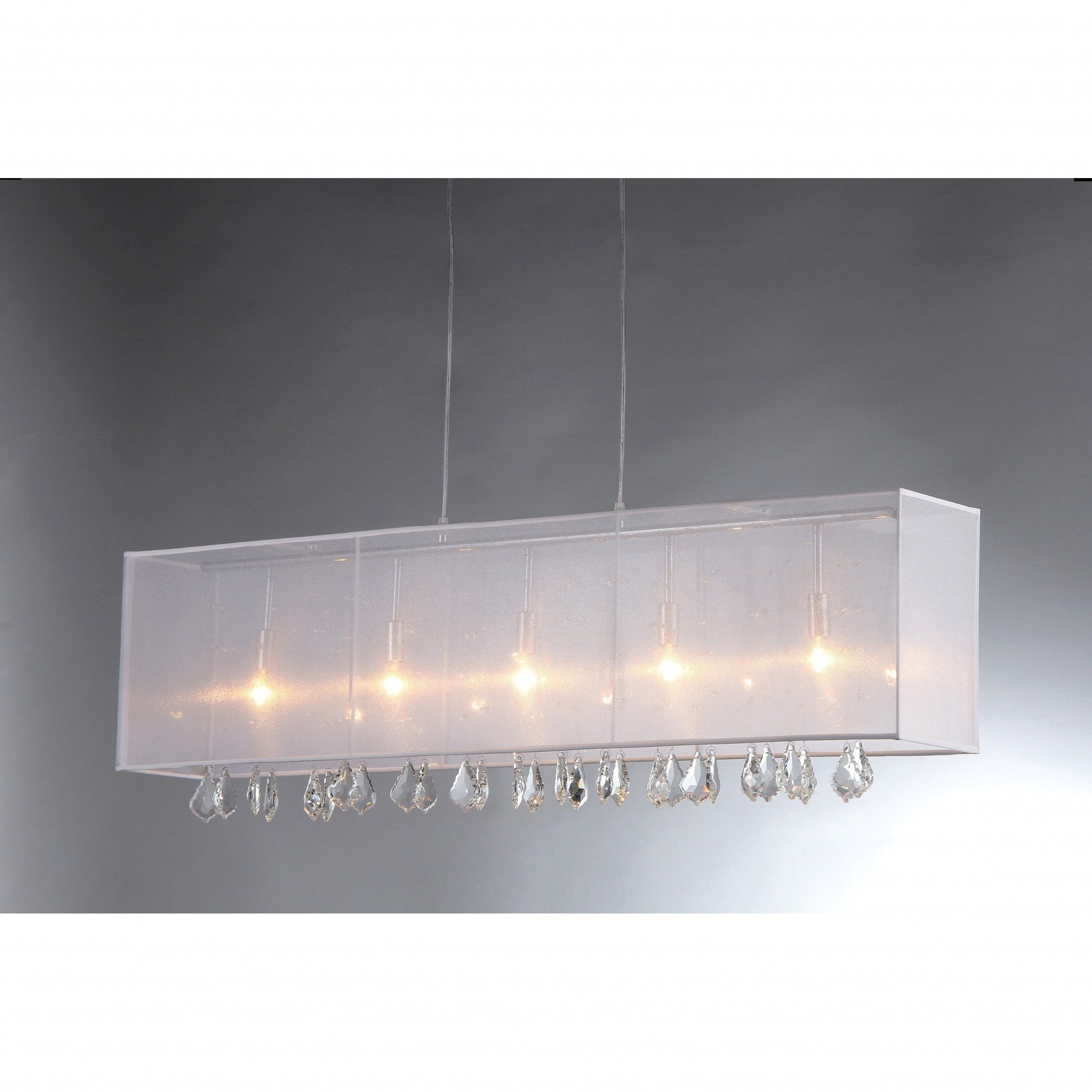 Jess Crystal and Mesh Bar Chandelier featuring cascading crystals and five light bulbs, elegantly designed for home decor.