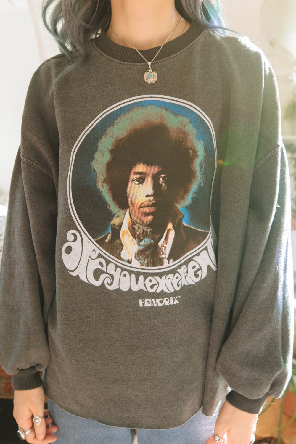 Jimi Hendrix Are You Experienced Sweatshirt in heathered black with cuffed sleeves and raw hem, featuring the iconic Jimi Hendrix logo.