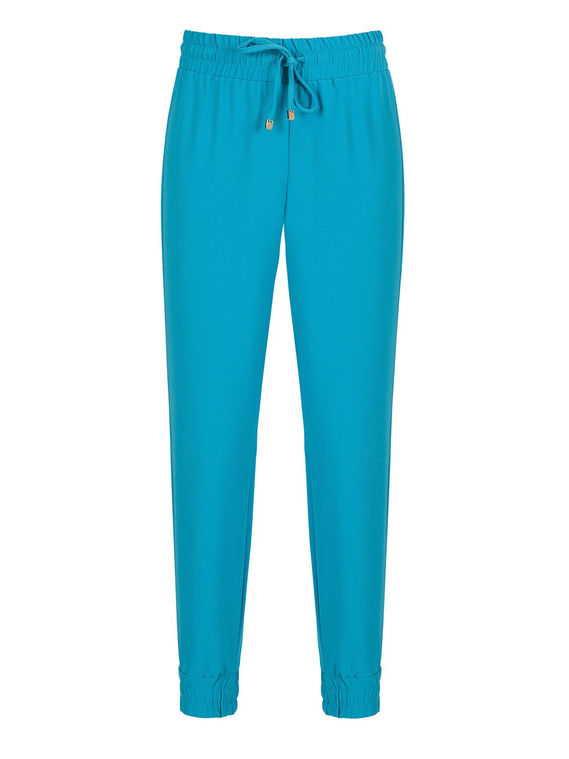 High-waisted jogging pants with elastic waistband, featuring side pockets and cuffed hems, made from breathable fabric.