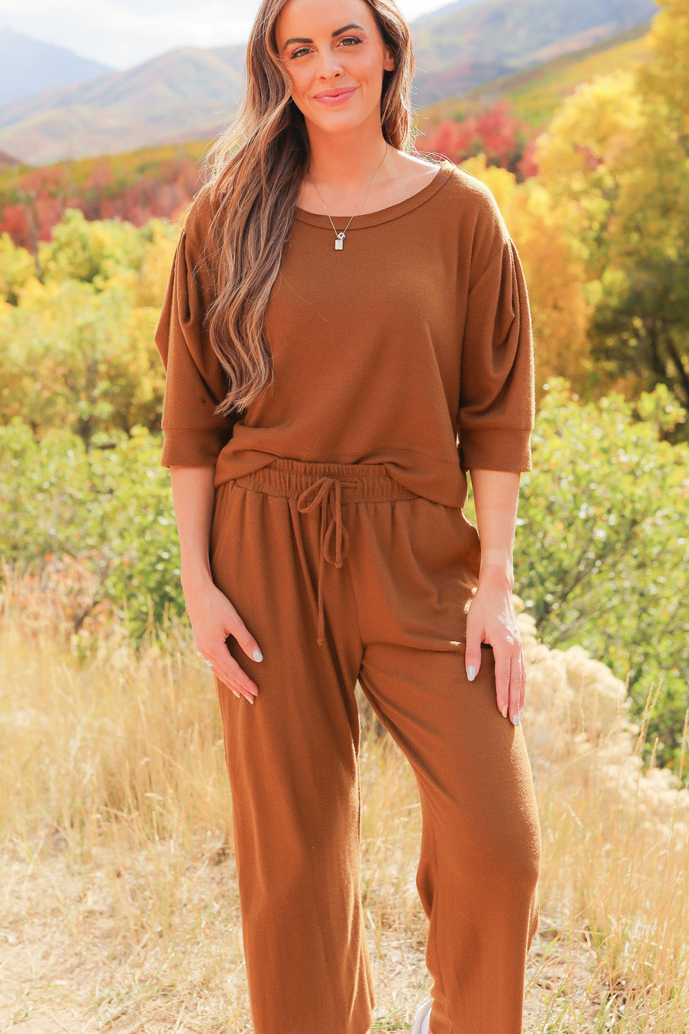 A pair of Journey Pants in brown, featuring a slouchy fit, cropped length, and drawstring waist, with pockets visible.