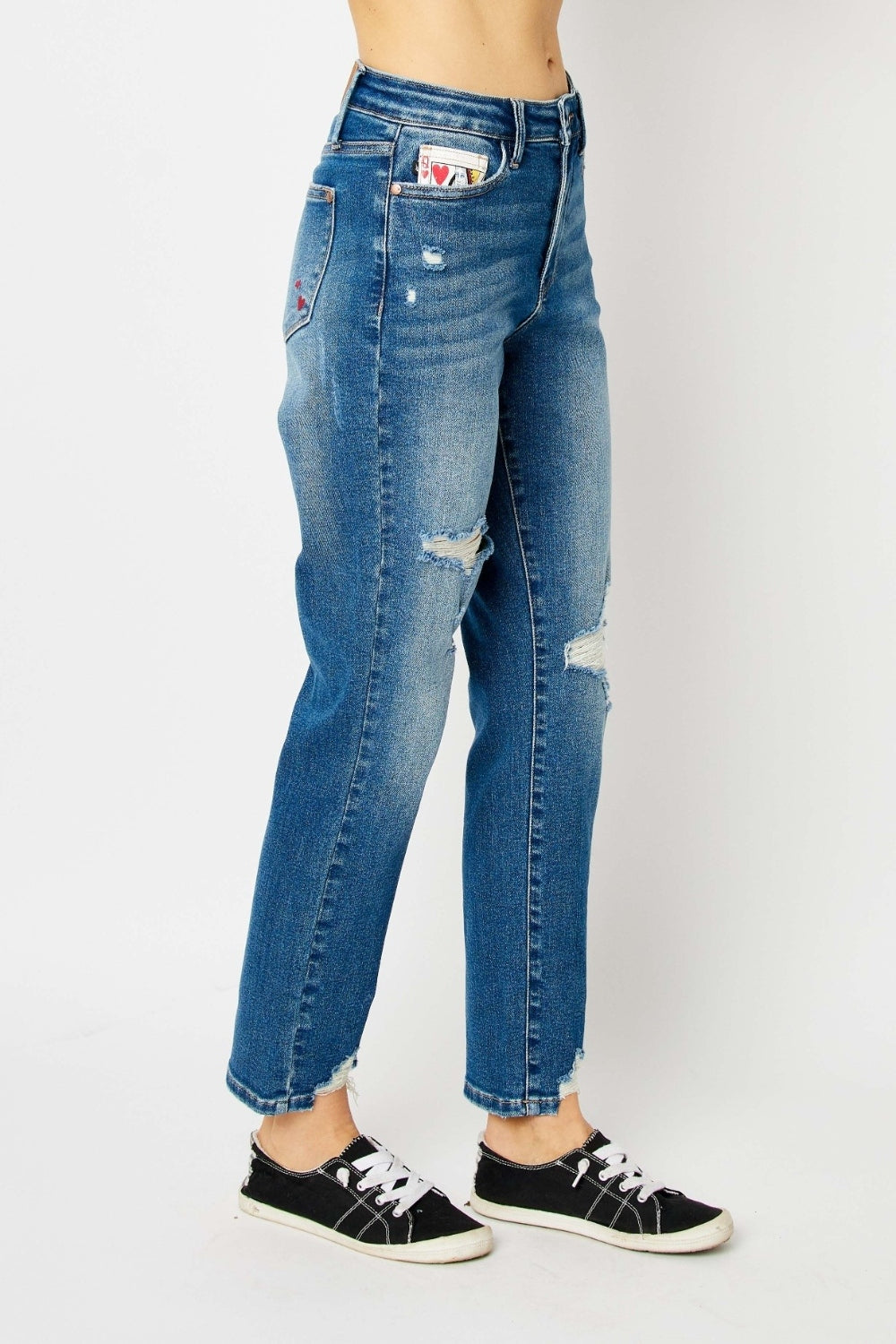 Judy Blue Full Size Queen Of Hearts Coin Pocket BF Jeans featuring a trendy distressed design and comfortable boyfriend fit.