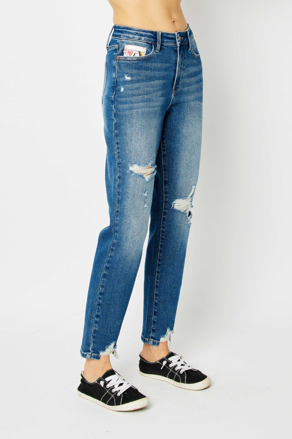 Judy Blue Full Size Queen Of Hearts Coin Pocket BF Jeans featuring a trendy distressed design and comfortable boyfriend fit.