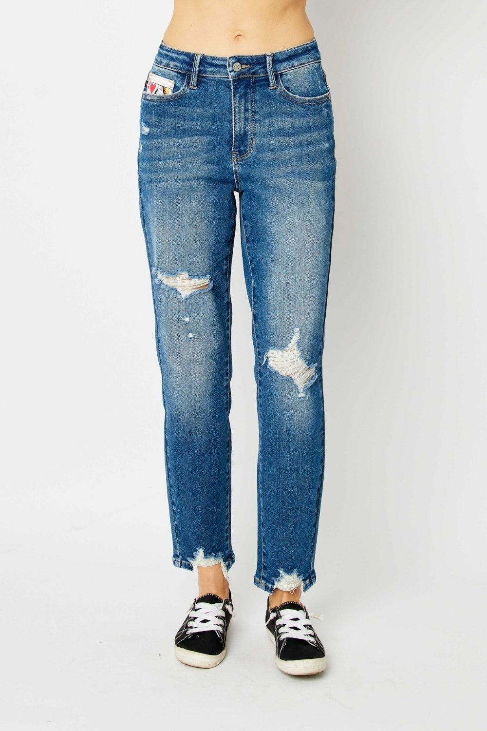 Judy Blue Full Size Queen Of Hearts Coin Pocket BF Jeans featuring a trendy distressed design and comfortable boyfriend fit.