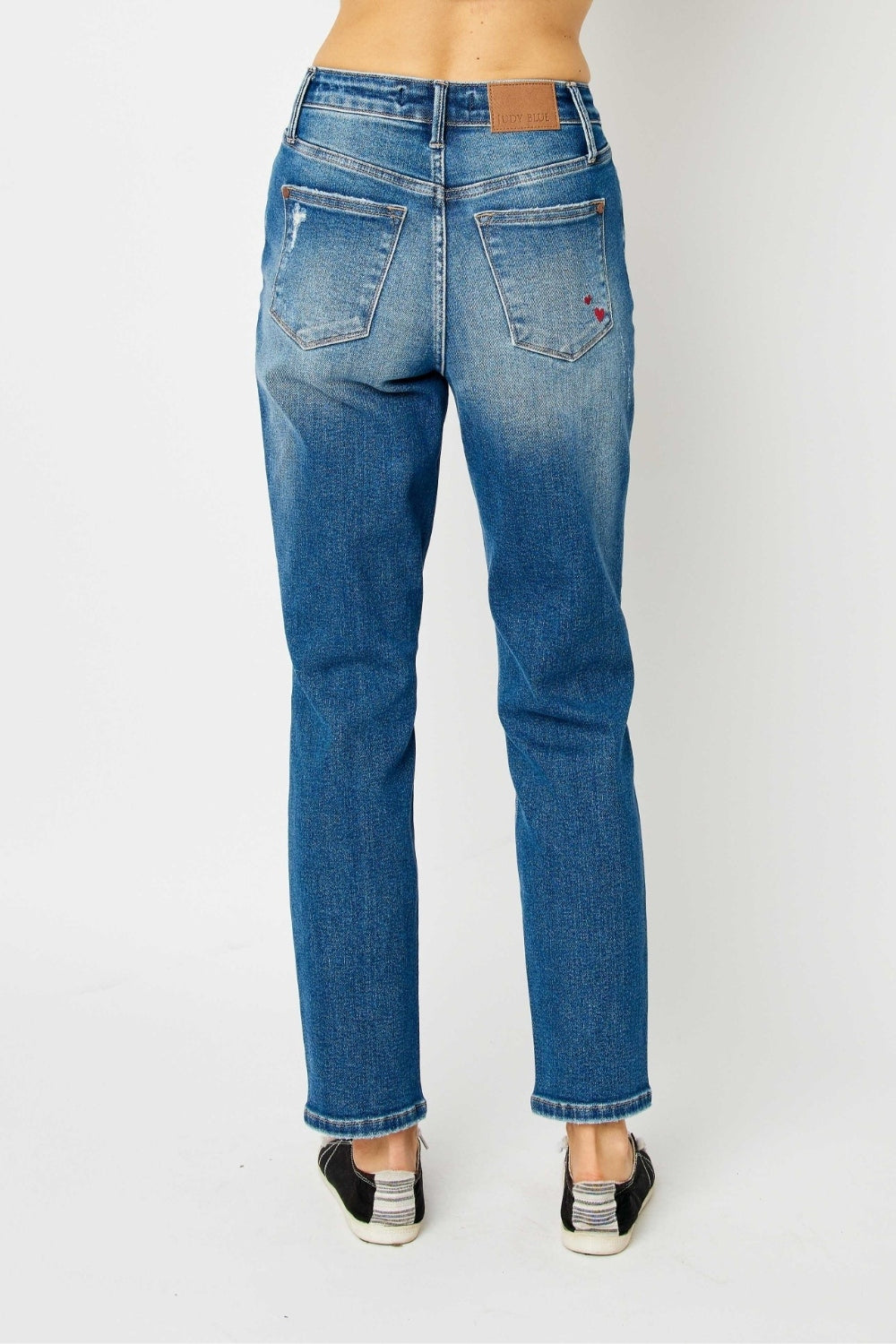 Judy Blue Full Size Queen Of Hearts Coin Pocket BF Jeans featuring a trendy distressed design and comfortable boyfriend fit.