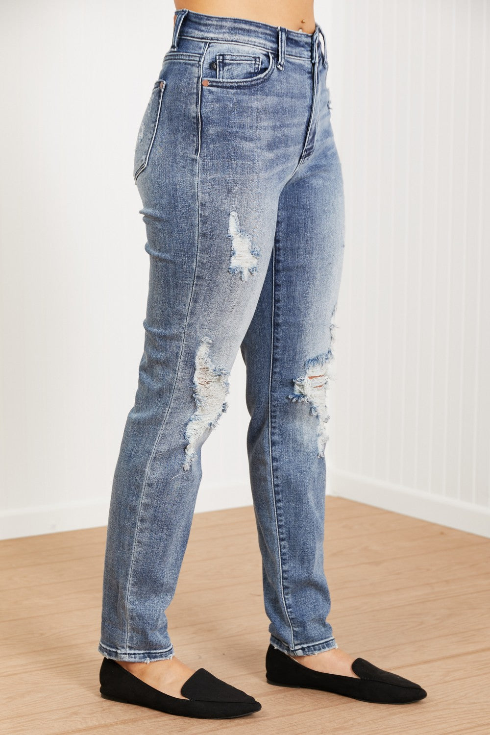 Judy Blue Gracie Mid-Rise Distressed Boyfriend Jeans featuring ripped knees and a classic boyfriend fit.