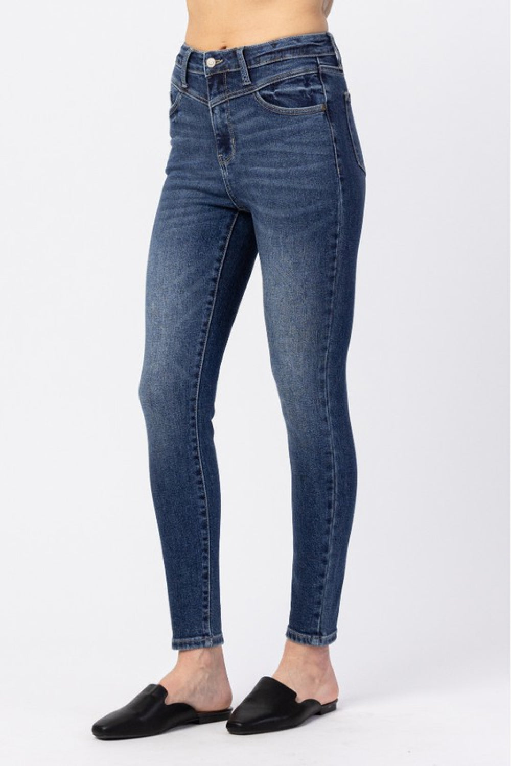 Judy Blue High-Rise Ankle-Length Jeans displayed on a model, showcasing the flattering fit and classic pocket design.