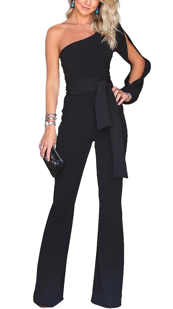 Elegant black jumpsuit with translucent sleeves and decorative belt, perfect for sophisticated occasions.