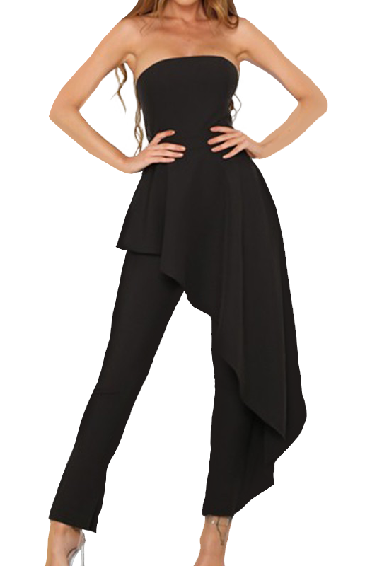 Elegant black jumpsuit with long tight pants and stylish side fabric accents, featuring a back zipper closure.