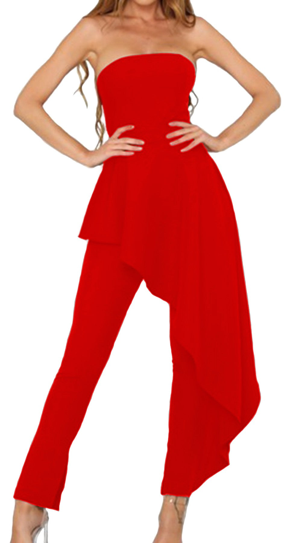 Elegant red jumpsuit with long tight pants and back zipper, featuring fashionable side fabrics, made in Italy.