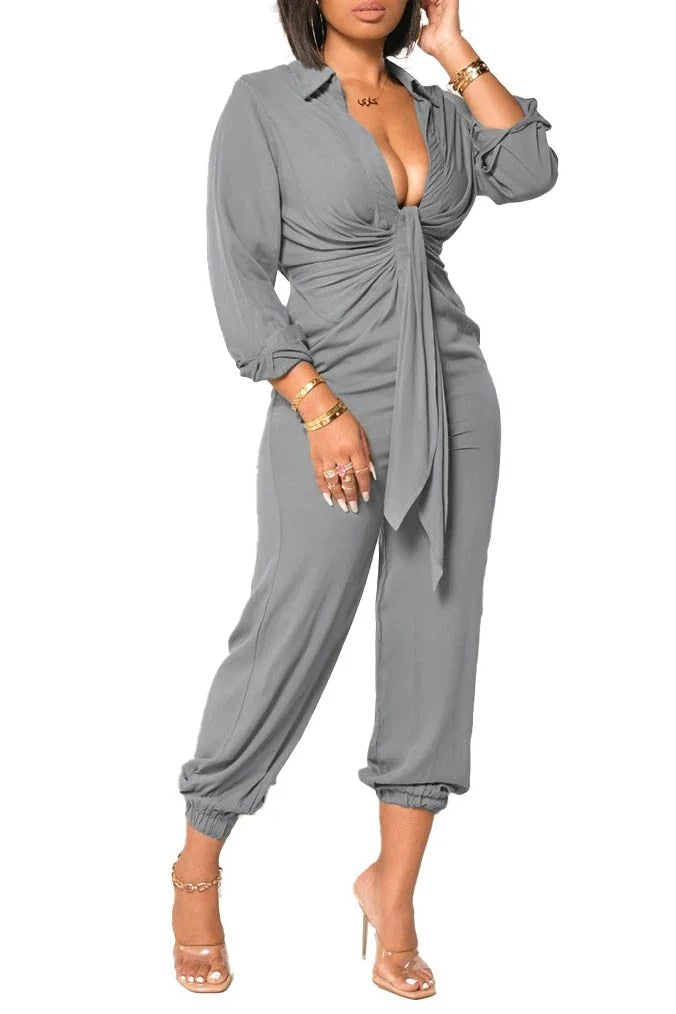 Stylish jumpsuit with elastic ankle, showcasing a modern design and soft fabric.