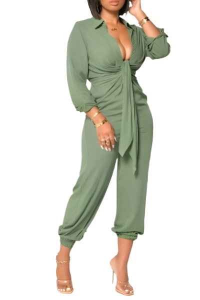 Stylish jumpsuit with elastic ankle, showcasing a modern design and soft fabric.