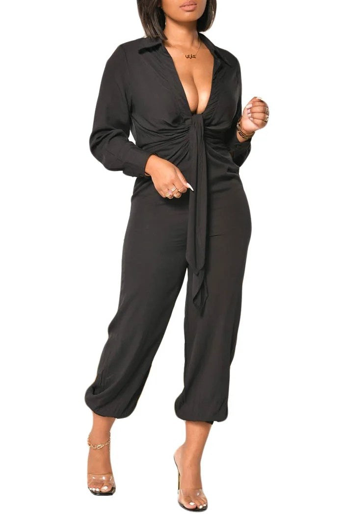 Stylish jumpsuit with elastic ankle, showcasing a modern design and soft fabric.