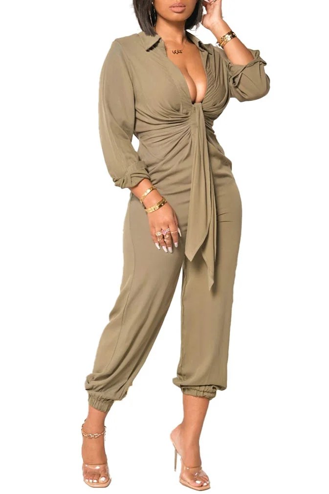 Stylish jumpsuit with elastic ankle, showcasing a modern design and soft fabric.