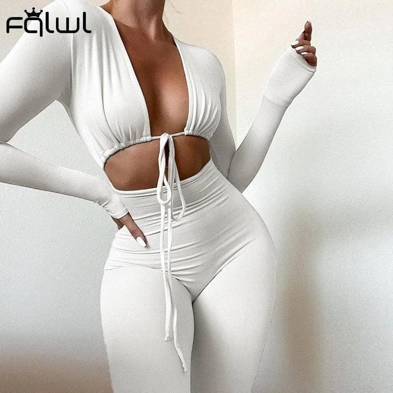 A stylish women's jumpsuit featuring a sexy hollow-out design, long sleeves, and a bodycon fit, perfect for high street fashion.