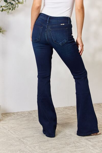 Kancan Full Size Mid Rise Flare Jeans showcasing a classic mid-rise fit and super stretch denim for comfort.