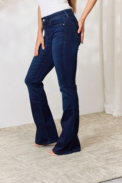 Kancan Full Size Mid Rise Flare Jeans showcasing a classic mid-rise fit and super stretch denim for comfort.