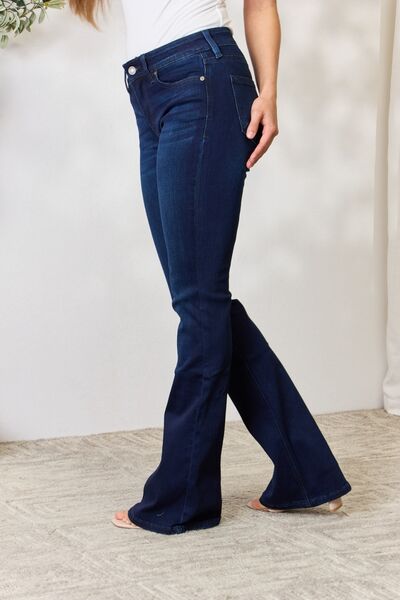 Kancan Full Size Mid Rise Flare Jeans showcasing a classic mid-rise fit and super stretch denim for comfort.