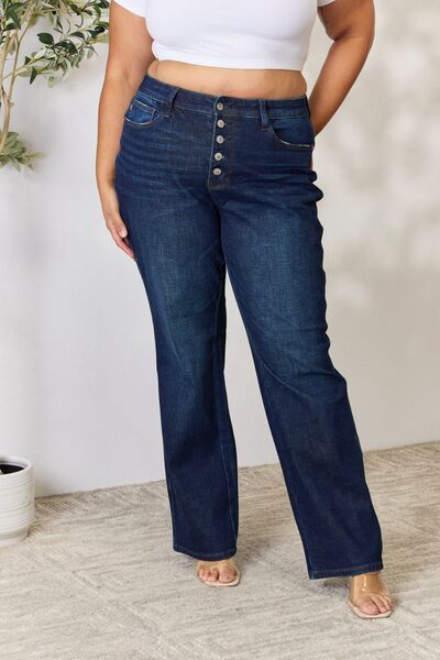 Kancan Full Size Mid Rise Flare Jeans showcasing a classic mid-rise fit and super stretch denim for comfort.