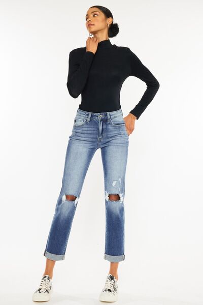 Kancan High Waist Distressed Hem Cropped Straight Jeans showcasing a trendy distressed design and cropped length.