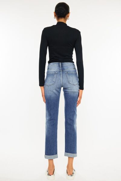 Kancan High Waist Distressed Hem Cropped Straight Jeans showcasing a trendy distressed design and cropped length.