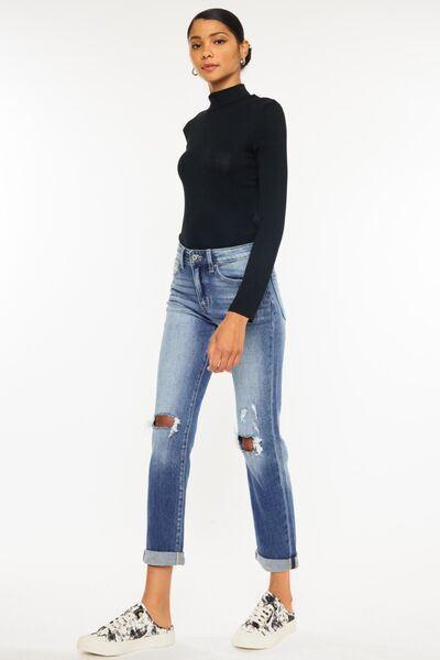 Kancan High Waist Distressed Hem Cropped Straight Jeans showcasing a trendy distressed design and cropped length.