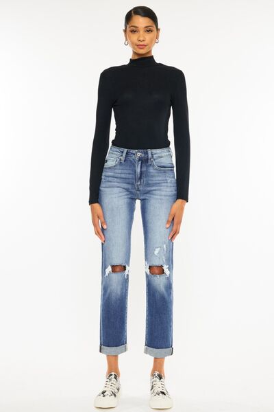 Kancan High Waist Distressed Hem Cropped Straight Jeans showcasing a trendy distressed design and cropped length.