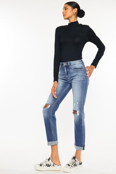 Kancan High Waist Distressed Hem Cropped Straight Jeans showcasing a trendy distressed design and cropped length.