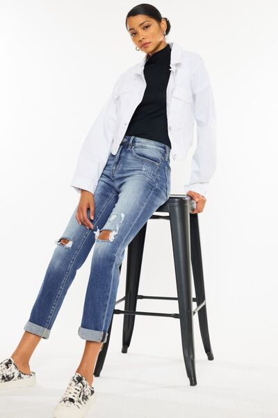 Kancan High Waist Distressed Hem Cropped Straight Jeans showcasing a trendy distressed design and cropped length.