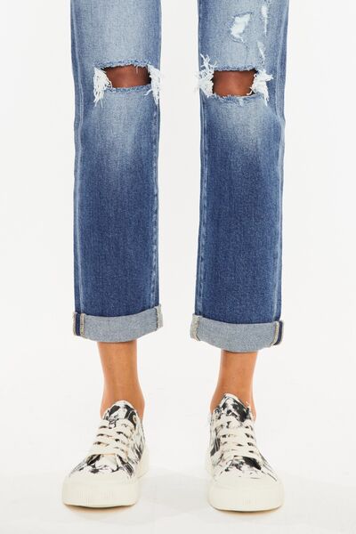 Kancan High Waist Distressed Hem Cropped Straight Jeans showcasing a trendy distressed design and cropped length.