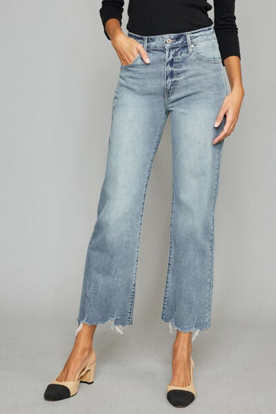 Kancan High Waist Raw Hem Cropped Wide Leg Jeans showcasing a trendy design with a raw hem and wide leg silhouette.