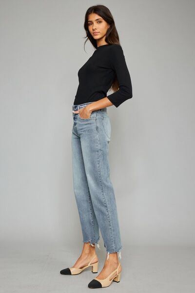 Kancan High Waist Raw Hem Cropped Wide Leg Jeans showcasing a trendy design with a raw hem and wide leg silhouette.