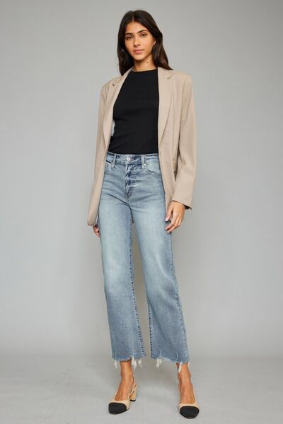 Kancan High Waist Raw Hem Cropped Wide Leg Jeans showcasing a trendy design with a raw hem and wide leg silhouette.