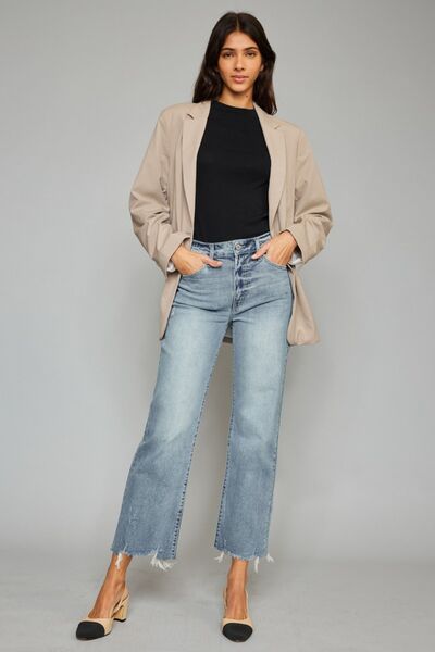 Kancan High Waist Raw Hem Cropped Wide Leg Jeans showcasing a trendy design with a raw hem and wide leg silhouette.