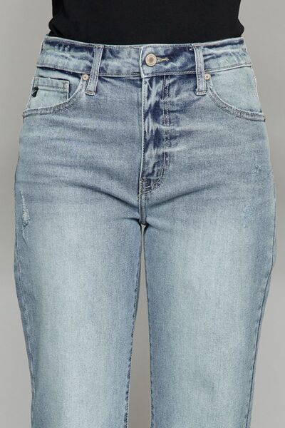 Kancan High Waist Raw Hem Cropped Wide Leg Jeans showcasing a trendy design with a raw hem and wide leg silhouette.