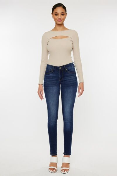 Kancan Mid Rise Gradient Skinny Jeans showcasing a trendy gradient design, mid-rise waist, and skinny fit for a flattering silhouette.