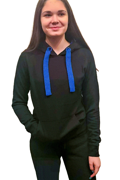 Kangaroo Pocket Contrast Hoodie in Black and Blue with fleece lining and wide drawstring.